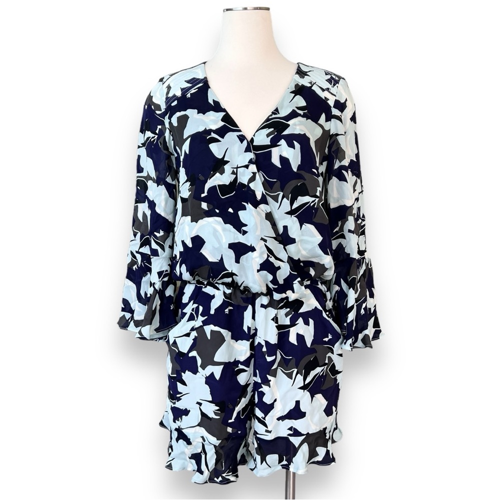Parker Belize Print Romper 100% Silk Bell Sleeve Wrap Front V-Neck Vented Back